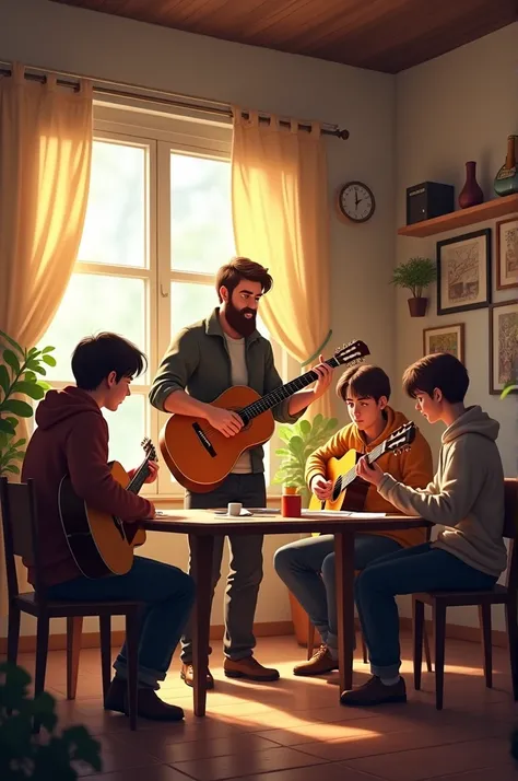 A room with 3 real students participating in guitar lessons with a 178 cm tall 89 kg teacher with brown hair and beard