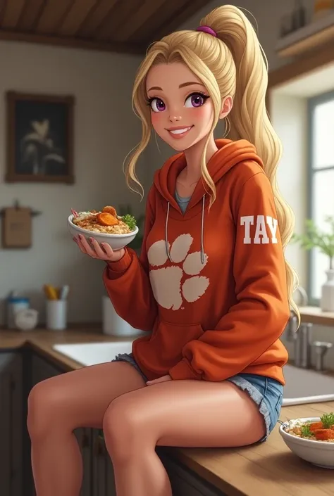 Beautiful blonde with very long hair wearing a Clemson tiger hoodie with Tay on it and blue jean shorts sitting on  counter eating food with hair in high ponytail casual smiling big real person