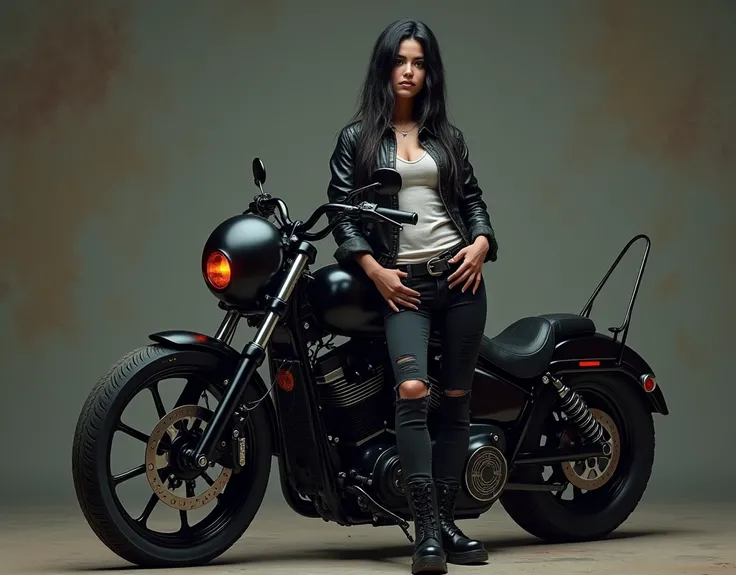  Latin woman wearing torn pants ,  with white flannel and black jacket , His hair is lake and black ,  posing next to his black chopper, with his night helmet and 