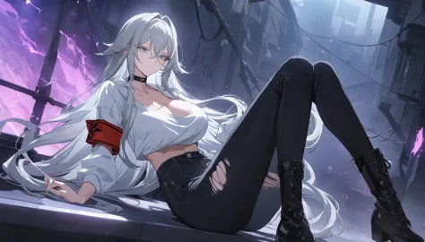 sovetsky_soyuz, grey hair, long hair, cropped hoodie over white shirt, red armband, torn black jeans, boots, choker, large breas...