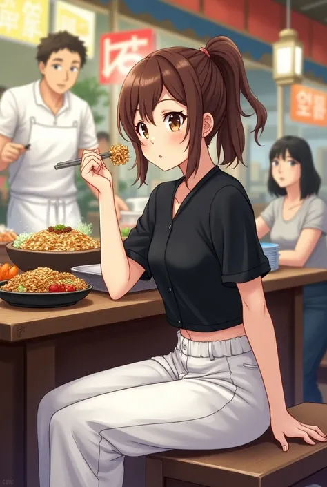  a brown-haired girl with a ponytail white skin brown eyes a short black blouse with wide white pants in a pojangmacha eating Bibimbap.(Manhwa mode  )