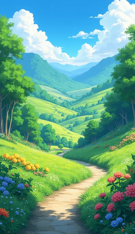  There is a painting of a colorful landscape with trees and flowers,  vibrant landscape gouache painting ,  Colourful Landscape Painting ,  anime rural landscape , bright landscape,  colorful scenic environment , just a joke, Anime landscape , animated bac...