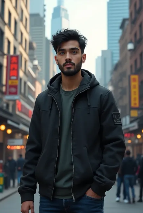 A 24-year-old normal-skinned man with short black hair with a black beard and blue eyes is wearing urban clothes standing in a city.