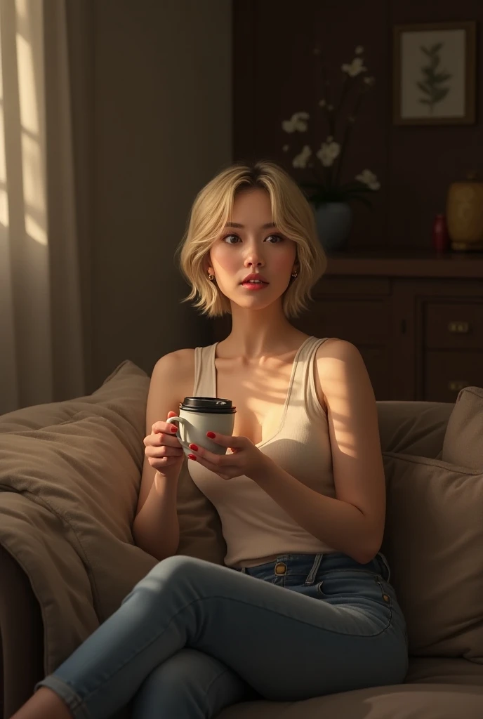 1 woman, sitting on an elegant sofa, holding a coffee cup, dressed in casual clothes, blonde, not thin, medium weight, short neck, chest-length hair, light shining on her face, ambient light