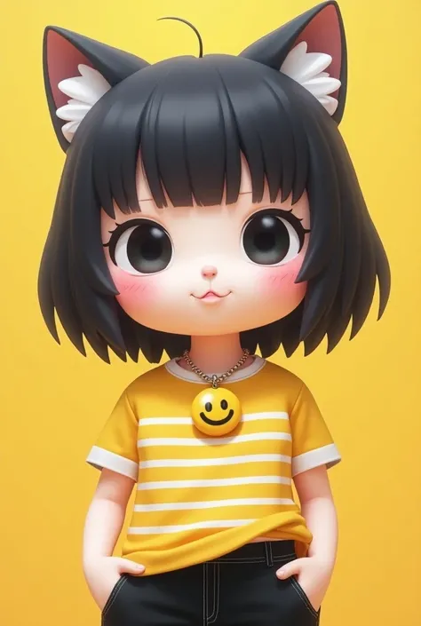  Hello Kitty from the front with shoulder-length hair and black ,  wearing a yellow t-shirt with horizontal white stripes with black pants and with a happy face necklace 