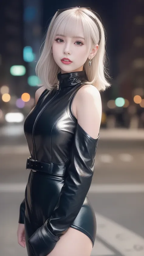 head phone、bob cuts、Cowboy Shot、goth_punk, 1girl in, solo, medium shot, Walking in Harajuku, ((during night)), bokeh dof, Neon light, Iridescent eyes, starrysky, White shiny hair, White eyebrows, Radiant hair, (iridescent white hair), earrings, bangss, jew...