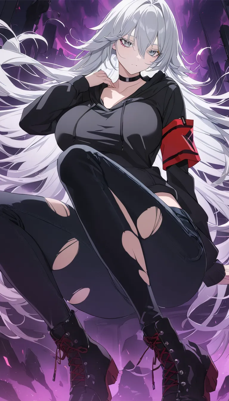 sovetsky_soyuz, grey hair, long hair, cropped black hoodie over white shirt, red armband, torn black jeans, boots, choker, large...