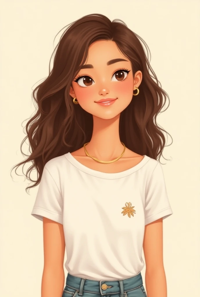 draw a drawing of a woman with lightly tanned skin, wavy brown hair, 25 years old, extroverted, wearing a cotton t-shirt with a small, minimalist painted flower print, with light and natural makeup highlighting a soft and relaxed side at the same time. tim...