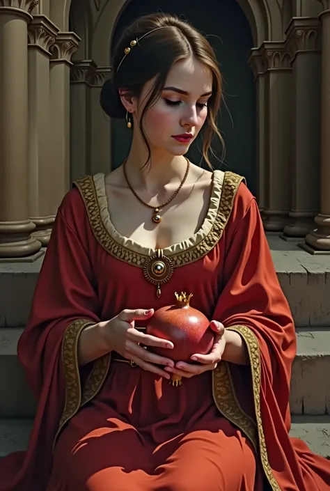   8th century Frankish princess eats a pomegranate. He wears a Roman gold Torques around his neck. .  The Torques is thin and open at the ends.   Very old and demure appearance .  Hair tied up and dark eyes .  She has been confined in a convent . Very youn...