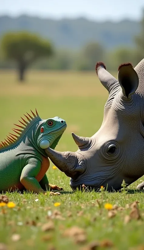 Iguana and Rhinoceros, resting side by side on a sunny grassland, an open savanna with sparse grass and scattered trees in the background, the iguana has vibrant green scales with a spiky crest along its back, and the rhinoceros has rough gray skin with a ...