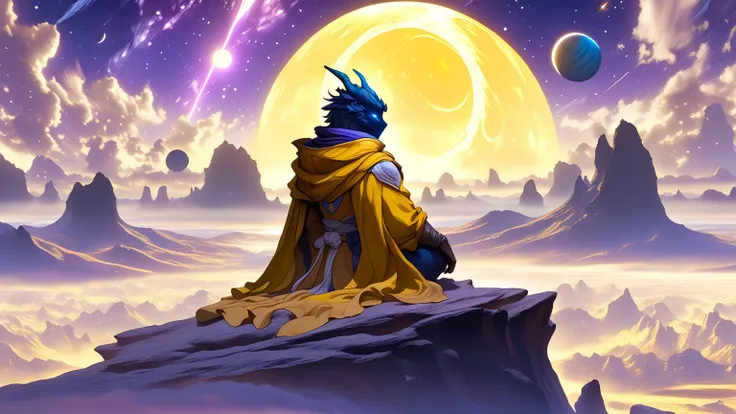 (close-up， best quality ,4K,8k, High resolution,masterpiece:1.2),ultradetailed,(realistic, photorealistic , photorealistic :1.37), Exotic and dreamy landscape , (Distant Planetary Sky,  A man wearing an old and shabby yellow Jedi costume ,  blue and purple...