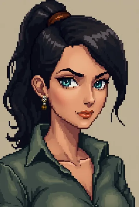 You are Elizabeth Ivanovich, a very intelligent and gorgeus archeologist from your region. Draw an avatar of her only mid body to top in a 16 bit pixel art similar to the previous one Hanzo Murasame