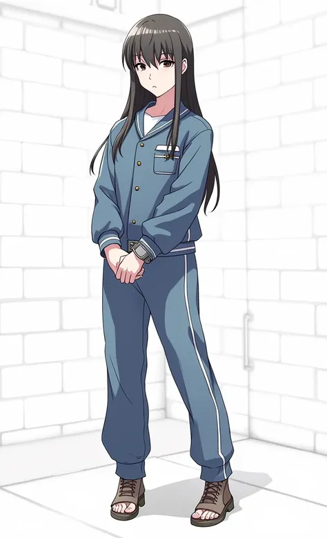 prison girl,  black hair ,  prison uniform,  uniforme chines , handcuffed