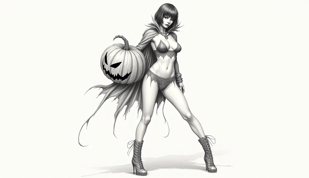 Create a beautiful sensual girl who wears a short erotic costume, this girl carries a scary pumpkin, the girl has a provocative face and has bob hair. In black and white, use a detailed hatching style to create an intense medieval atmosphere with deep shad...