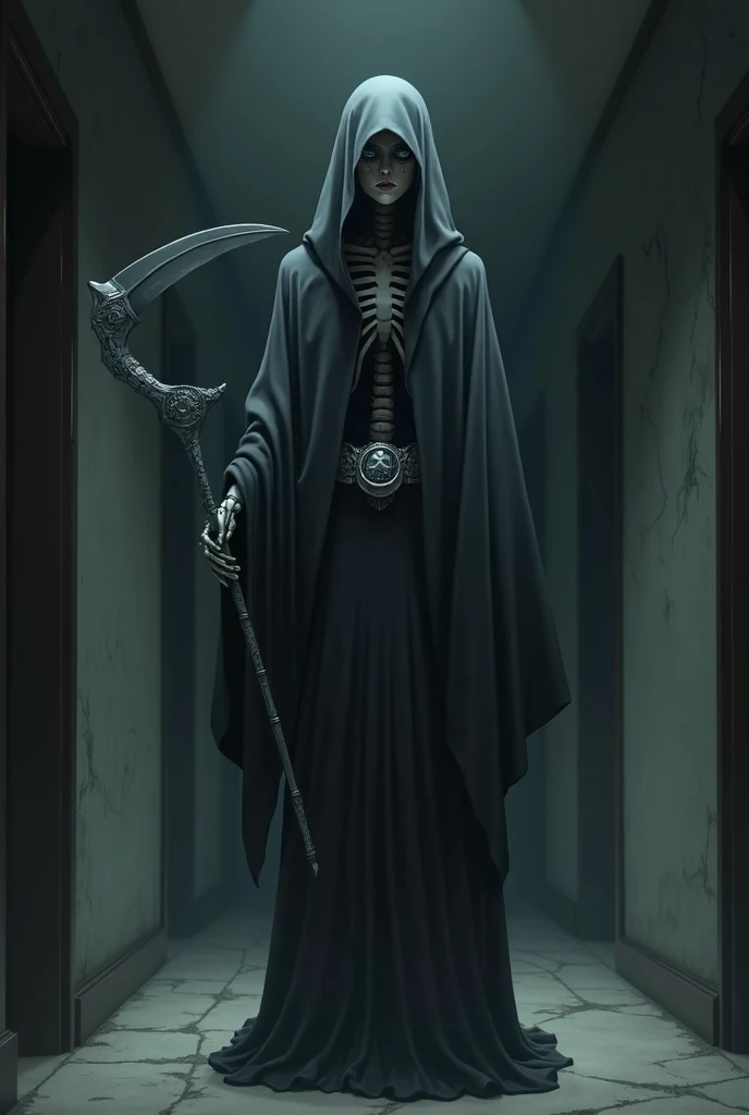 Miss Skeletal Death looking like an anime with a dark gray cloak a double-sided sickle and is in the corridors covering her waist with a silver belt that looks like a ring and 