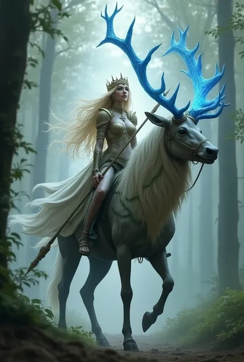 A stunning, ethereal depiction of a single wood elf Sister of the Thorn with blonde hair from Warhammer Fantasy, very beautiful, wearing a beautiful crown made of white gold and jewels, poised gracefully on her giant war stag with large antlers, the stag a...