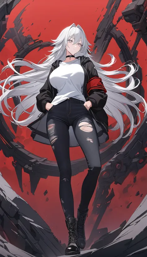 sovetsky_soyuz, grey hair, long hair, cropped jaket, hoodie over shirt, red armband, torn black jeans, boots, choker, large brea...