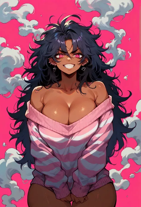 kpop girl with rizz smile face, bad ass, long black messy hair, piercing, black mixed pink striped sweater, cool badass pose, sm...