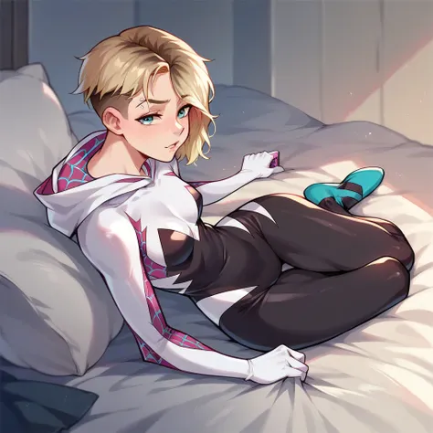 Spider-Gwen, Gwen Stacy: short hair, in her bedroom, taking off her spider-gwen superhero suit,