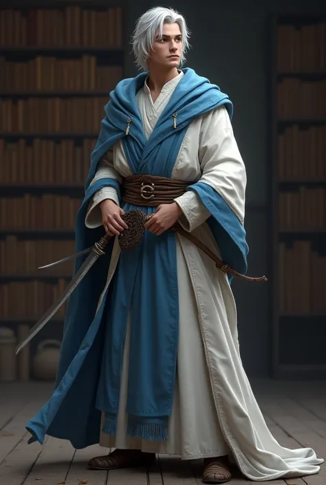 A full body of a RPG character in 3d style: (full body:1.5), (man:1.5), young adult, arcanist clothes, white ans blue robe, wizard robe, silver hair, magic dagger, library background, 3d, fantasy, medieval fantasy