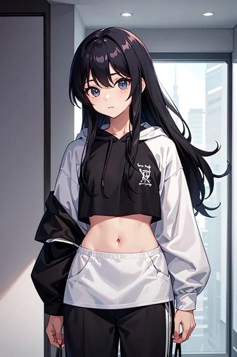 very good image, a cute beautiful anime tomboy girl, long black hair, white crop top hoodie, high quality, high details