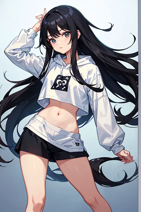 very good image, a cute beautiful anime tomboy girl, long black hair, white crop top hoodie, high quality, high details