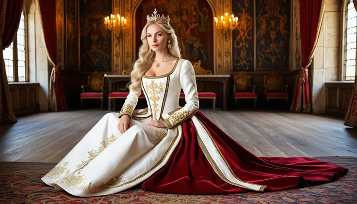 World Cup style, Beautiful woman, blonde,  sitting, Royal Outfits, Royal Room, Medieval Setting