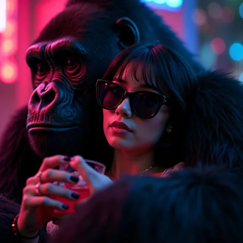 woman with dark glasses and short hair ,  dark jungle background with dark neon colors, hugged by a realistic gorilla, Close-up image, having a drink 
