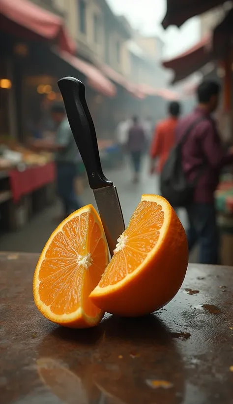 A broken orange with a knife is found on a table in a blurry market.
