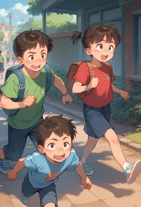 boy and girl, shonen boy and girl, character design gestual, poses, expressions, tenage boy, school boy, running, cachorro, dog