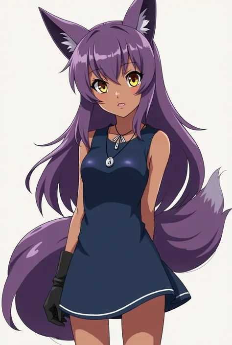 A brown-skinned girl , with 1,59 tall, with long purple hair,  medium Japanese checkered fringe , fox ears, fox tail, pintura facial do naruto,,  yellow eyes , Short dark blue dress model Tomara that fits sleeveless, necklace similar to a collar ,  and lon...