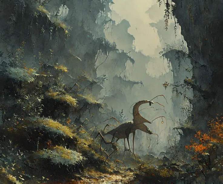  alien landscape ,  alien creatures with multiple legs and funny long antennae, dry trees ,  alien vegetation like ferns ,  Detailed background ,  Realistic, still from the film,  best quality , masterpiece,  very aesthetic , perfect ,  intricate details ,...