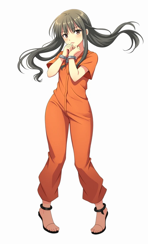 prison girl,  black hair ,  prison uniform,  orange uniform , with handcuffed hands