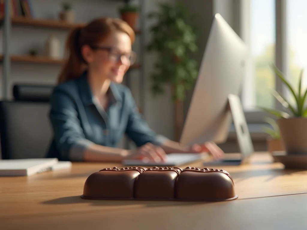 Person in front of you touching the computer with a chocolate closed on the table