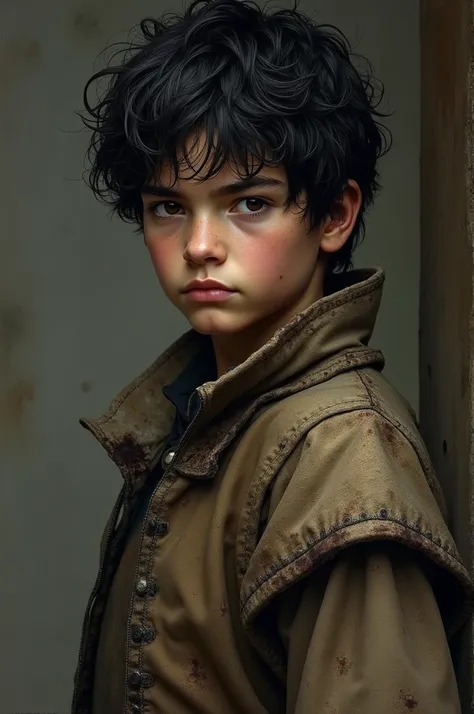 Create a medieval boy ,  dressed in a dirty coat .  He has dark, bulging hair .  He looks at the camera with a serious look.