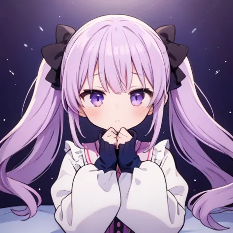 girl, cute,one person, twin tails, light purple hair ,moe sleeves, tired-sode,cover your hands with sleeves,long sleeves,hold th...