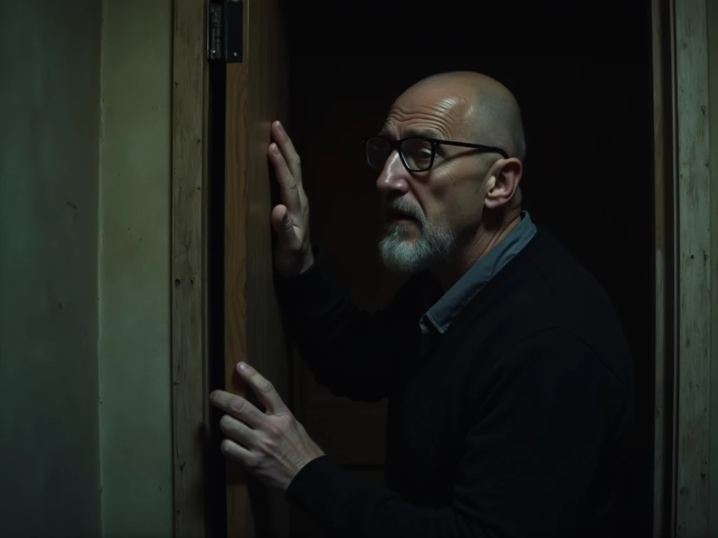 A middle aged man with glasses and a trimmed goatee looks scared while he reaches for a closed door in an old dimly lit cabin