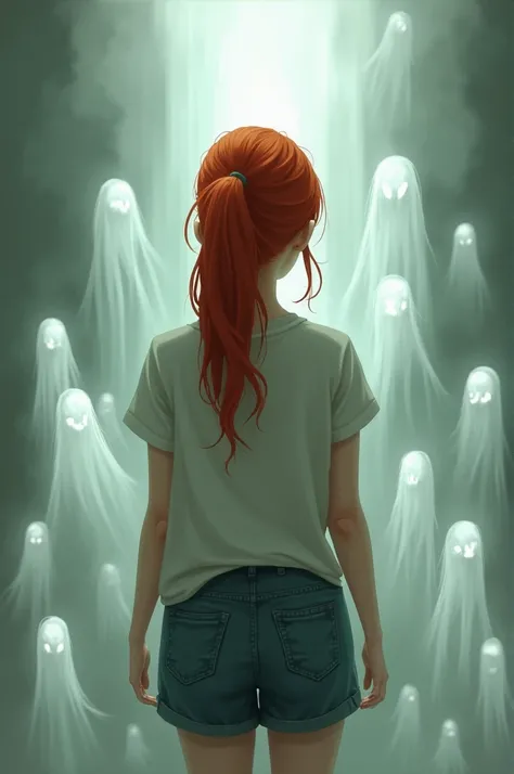 redhaired girl with a ponytail, her back turned, wearing casual clothes, surrounded by ghosts