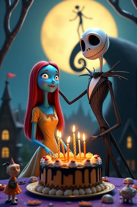 Jack Skellington and Sally with a birthday cake 