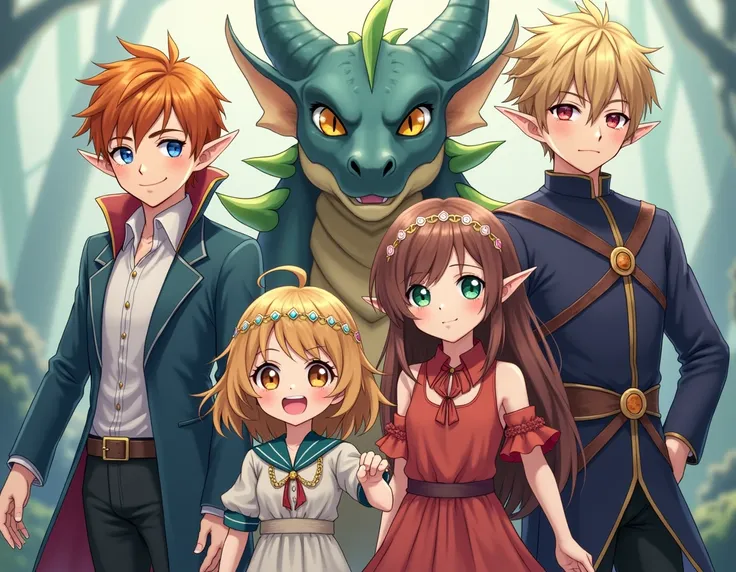 2girls , 2boys , group picture, 1elf boy , 1human girl , 1dragon boy , 1dwarf girl , fantasy outfits , Pretty face, the elf boy is tall , the petite human girl , the dragon boy is medium height , the dwarf girl is short , the elf boy has blue eyes , the hu...