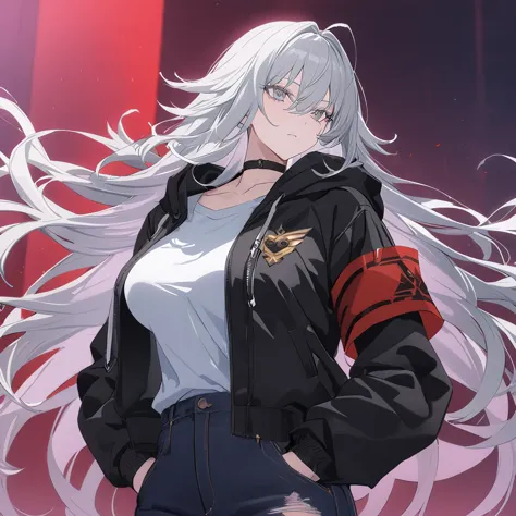 sovetsky_soyuz, grey hair, long hair, cropped jaket, hoodie over shirt, red armband, torn black jeans, choker, large breasts, fi...