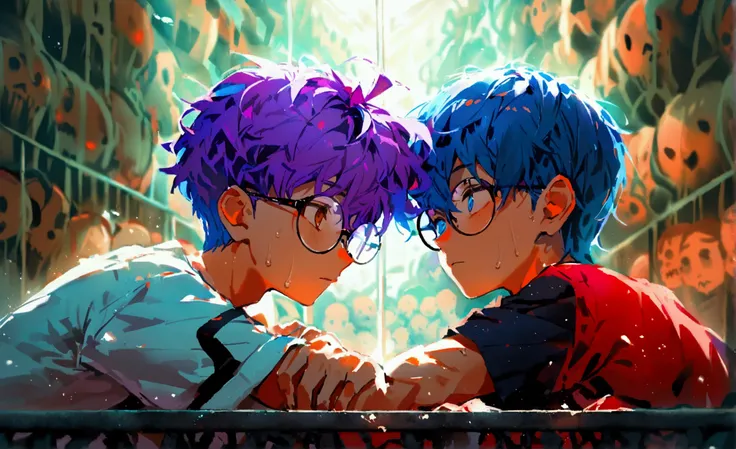  A male adolescent with bulky purple hair shaved on the sides of round glasses, brown eyes . another male teenager on the left with smooth blue hair close to his shoulder ,White shirt with blue,blue eyes. In the middle a teenage man with dark creepy red ha...