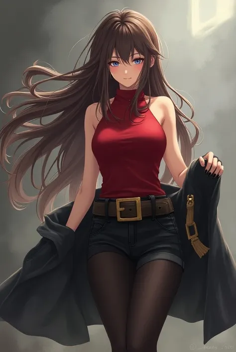 anime style, woman, very long brown hair with light tips, red sleeveless high neck shirt ,blue eyes,  black shorts and black tights , boots, dropped coat 