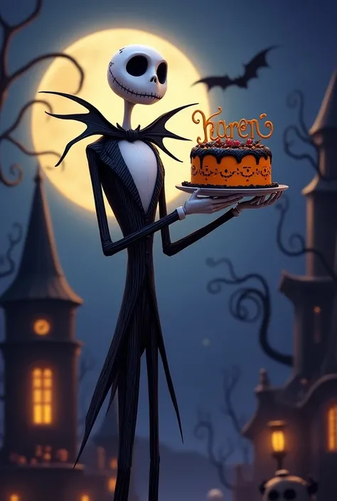 Jack Skellington with a birthday cake and the name Karen