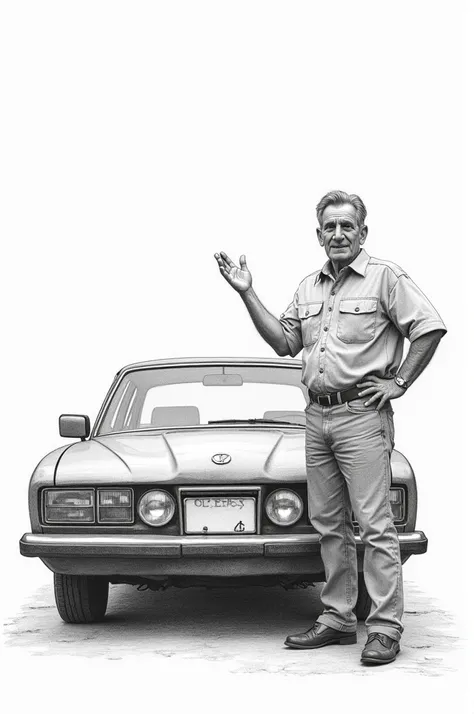 In pencil style, draw a man selling a second-hand car