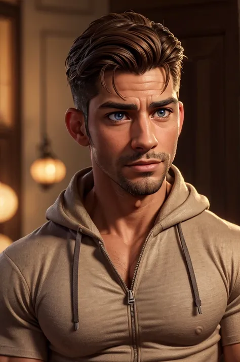 a muscular man, handsome face, early 40s, brown hair, tan skin, chiseled jawline, sweet expression, latino, dilf, hairy chest, zip up hoodie, no shirt, realistic, photorealistic, photo-realistic:1.37, (best quality,4k,8k,highres,masterpiece:1.2),ultra-deta...