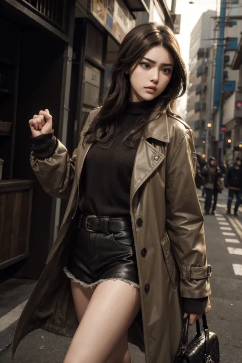 unreal engine, girl, idol, brawler ,  brown hair clenched,  brown eyes , bust, fist,  angry face, portrait with a coat, japanese