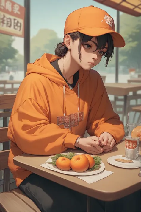 38 year old black american wearing an orange hoodie and a orange beenie hat looking at mosburger restaurant in Japan thinking.