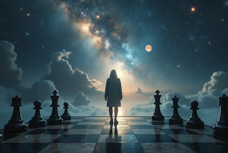 The universe is a game of chess ,  seen from outside the Earth by a person 