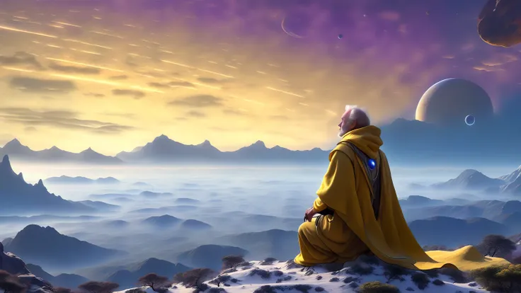 (close-up， best quality ,4K,8k, High resolution,masterpiece:1.2),ultradetailed,(realistic, photorealistic , photorealistic :1.37), Exotic and dreamy landscape , (Distant Planetary Sky,  A man wearing an old and shabby yellow Jedi costume ,  blue and purple...